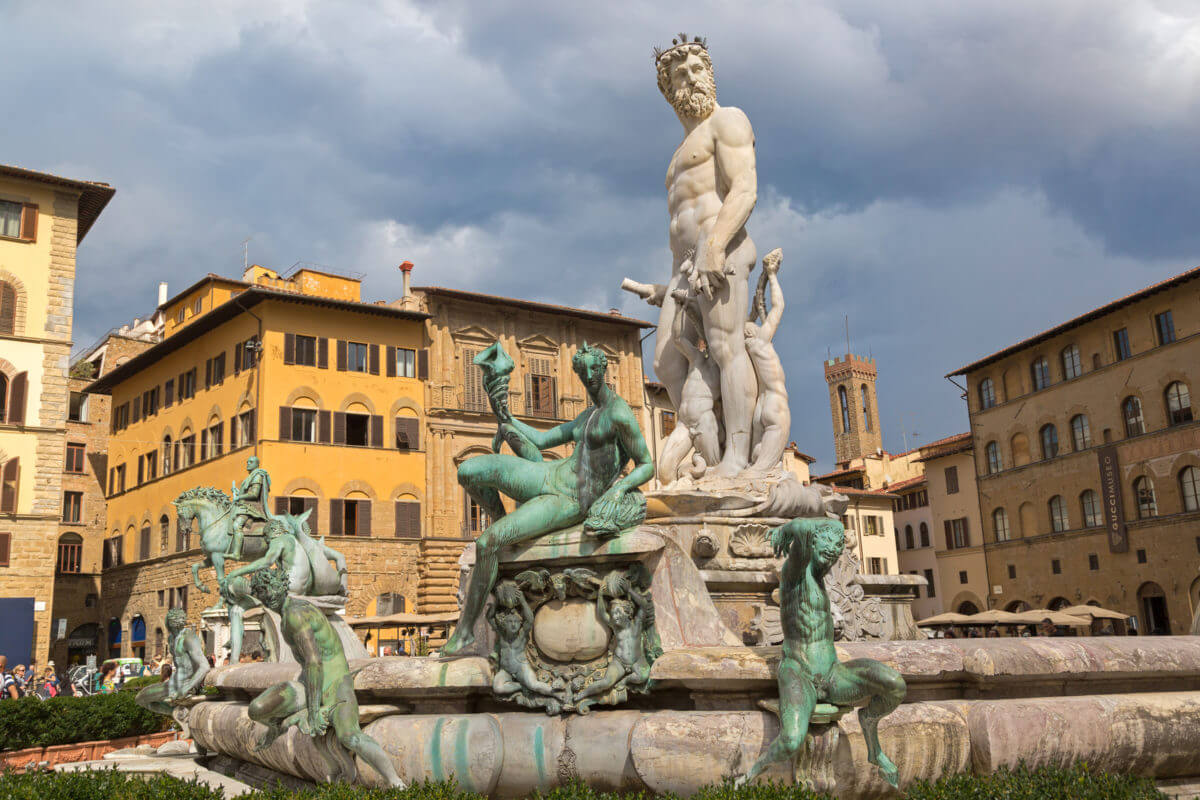 Fountain of Neptune on the Signoria square, (Piazza della Signoria) in ...